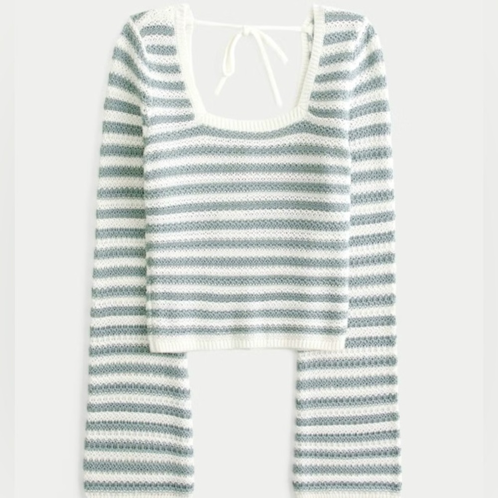 Hollister Square, neck, white and green crocheted striped sweater